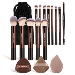 Maange 16 Pieces Coffee Makeup Brushes Travel Set For Cosmetics Blending